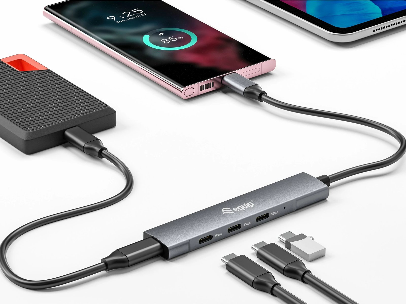USB hub Equip 4 porte USB 3.2 Gen 1 Type-C, alumini, zi, argjendt, 0.15m