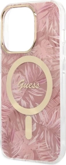 Mbështjellës Guess Jungle Collection me MagSafe + karikues wireless për iPhone 14 Pro 6.1", rozë