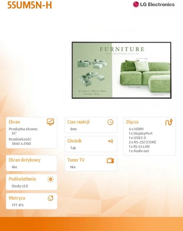 Ekran profesional Digital Signage, LG, 55UM5N-H, 55", UHD 4K, 500 cd/m², 24/7, e zezë