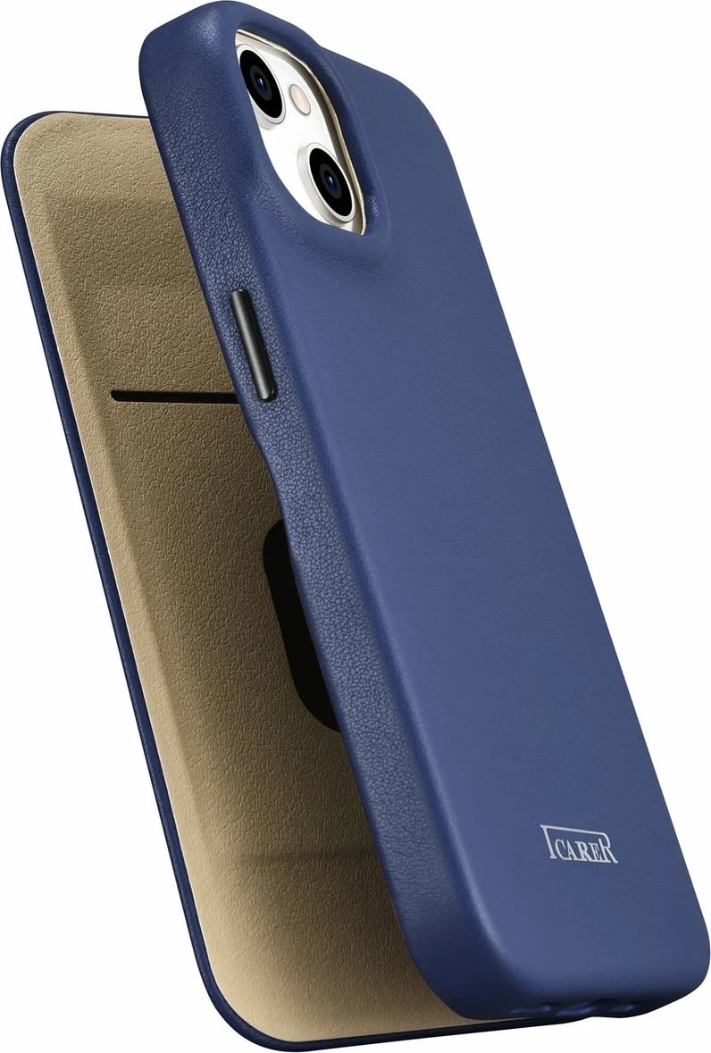 Mbështjellës iCarer CE Premium lëkurë, për iPhone 14 Plus, MagSafe, Kaltër