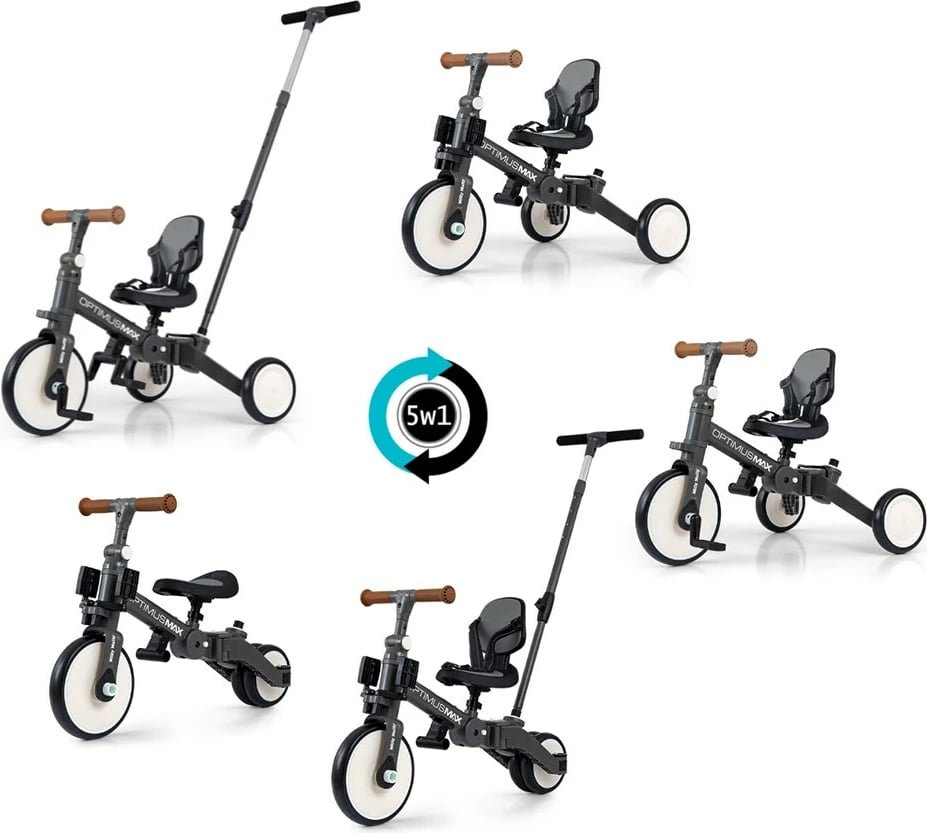 Tricikletë/biçikletë ekuilibri 5‑në‑1, Milly Mally, Optimus Max, dorezë prindi me 4 nivele, rrota shkumë, sedilje e rregullueshme, palosshme, gri e errët