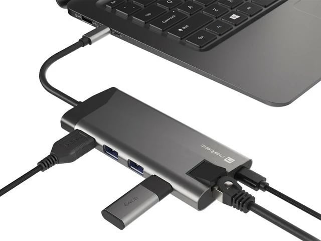 Multiport docking station Natec Fowler Plus, NMP-1690, 8 porte, USB-C PD, HDMI 4K, RJ45, SD/microSD, Gri