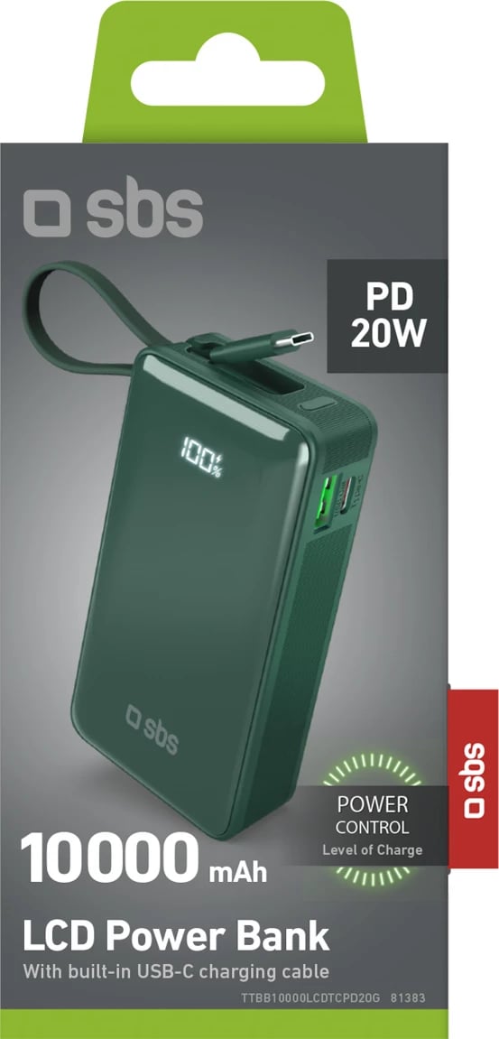 Powerbank SBS 10000 mAh 20W me kabllo USB-C të integruar dhe ekran digjital, e gjelbër