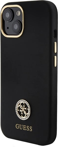 Mbështjellës Guess Silicone Logo Strass 4G për iPhone 15, i zi