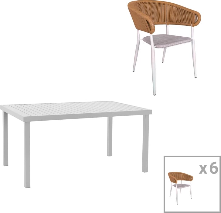 Tavolinë me 6 karrige Kliton-Raven set prej 7 copash alumini ngjyrë e bardhë 150x80x74cm