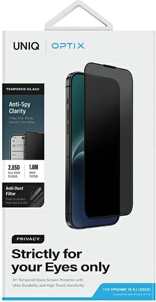 Mbrojtës ekrani UNIQ Optix Privacy për iPhone 15/14 Pro, xham i temperuar, me aplikator