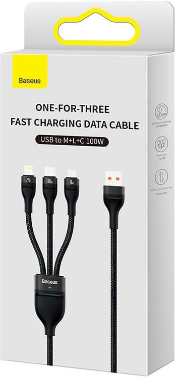 Kabllo 3-në-1 Baseus Flash Series, 1.2m, 100W, USB-C + micro USB + Lightning, e zezë Kabllo 3-në-1 Baseus Flash Series, 1.2m, 100W, USB-C + micro USB + Lightning, e zezë
