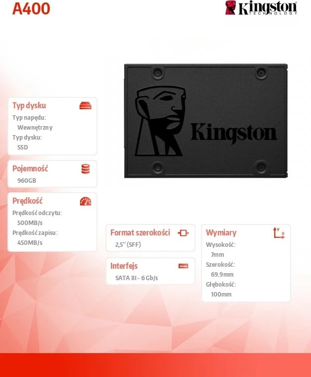 SSD Kingston A400, 960GB, 2.5", SATA3, i zi