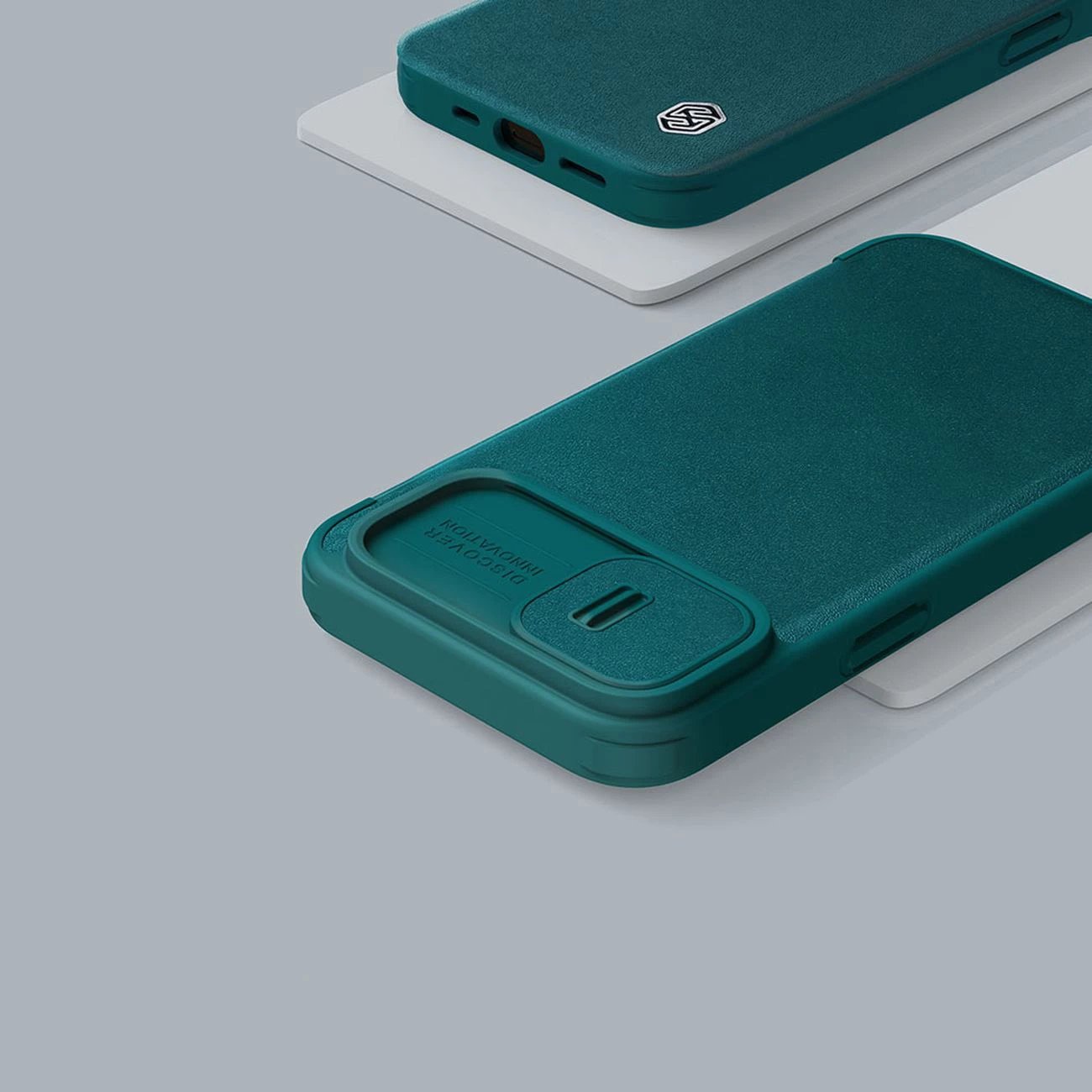 Mbështjellës Nillkin Qin Cloth Pro Case për iPhone 14 Plus, me kapak dhe mbulesë kamere, Gri