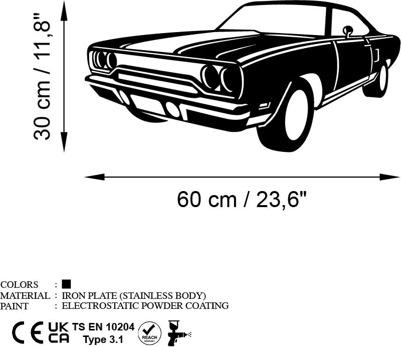 Aksesor dekorativ metalik për mur, Wallity, Plymouth GTX, ngjyrë e zezë, 60x30cm