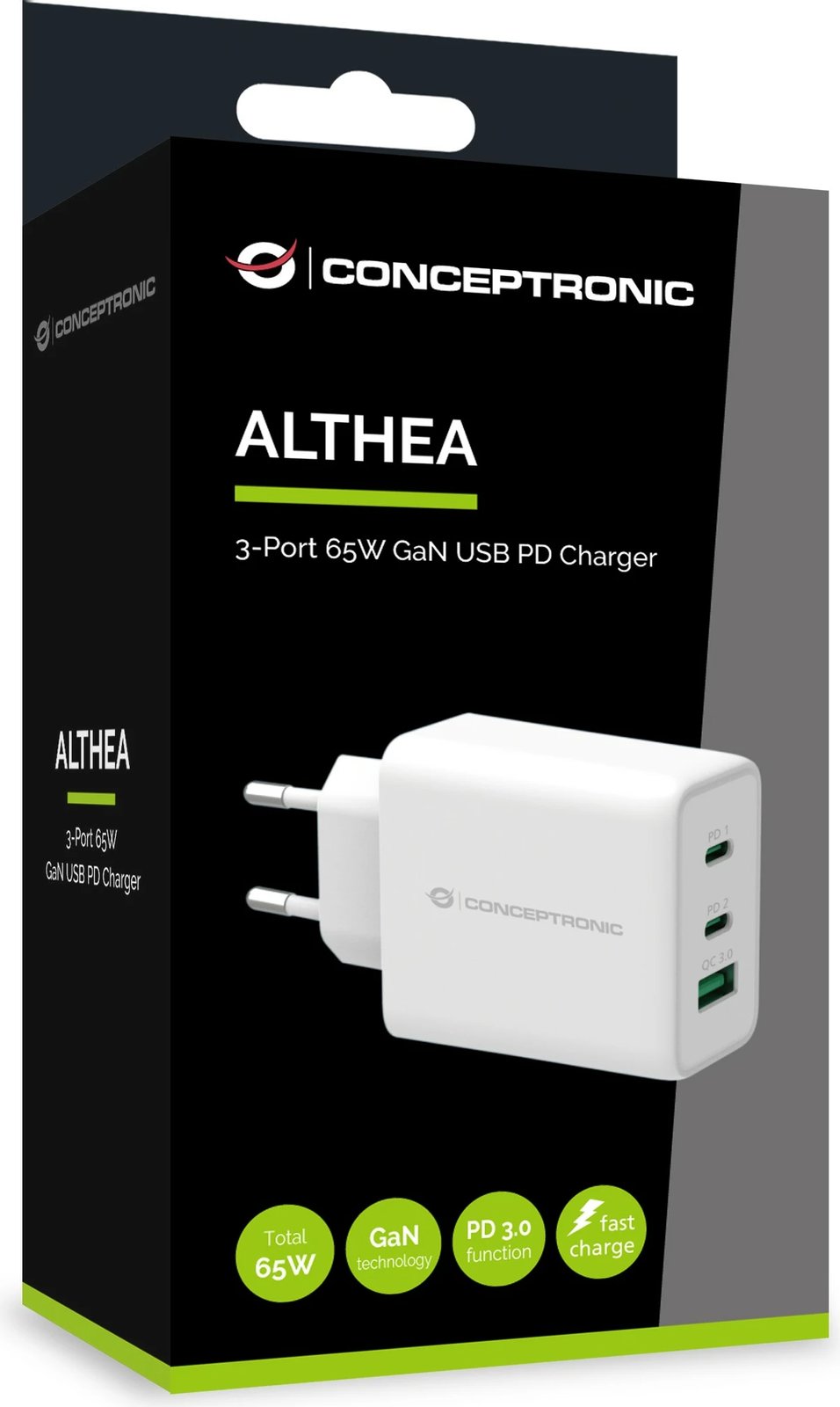 Karikues Conceptronic 3Port GaN 65W, 2x USB-C, 1x USB-A, i bardhë