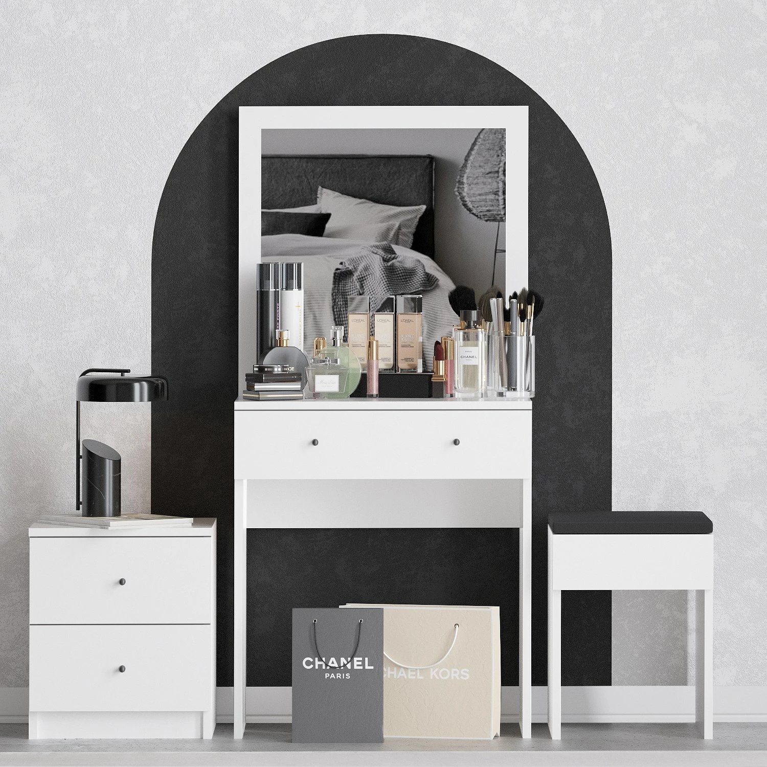 Tavolinë grimi Skye Decor, e bardhë, me komodinë dhe karrige