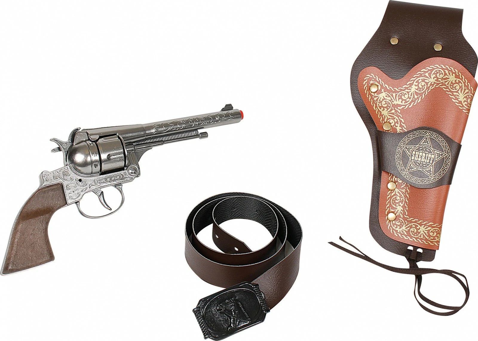 Revolver metalik lodër Pulio Gonher me mbajtëse dhe rrip, Kafe/Argjend, set