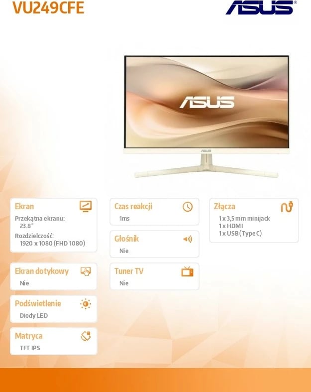 Monitor Asus VU249CFE-M, 23.8 inç, IPS, 100Hz, USB-C, Krem