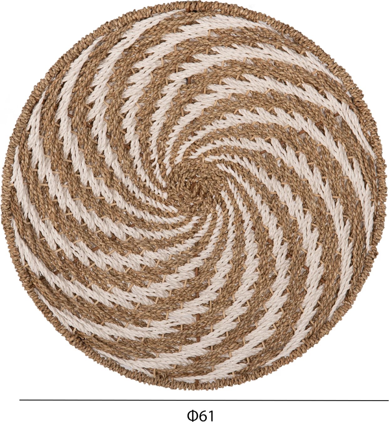 Dekor muri i rrumbullakët, pamje spirale, rush-mat, ngjyrë e bardhë dhe natyrale, FH7830.01, Φ61x3 cm