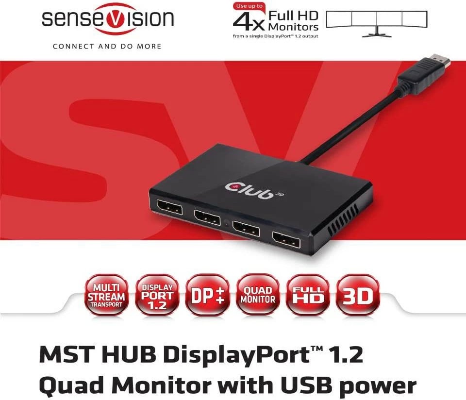Hub DisplayPort Club3D SenseVision 1xDP në 4xDP, 0.13m, i zi