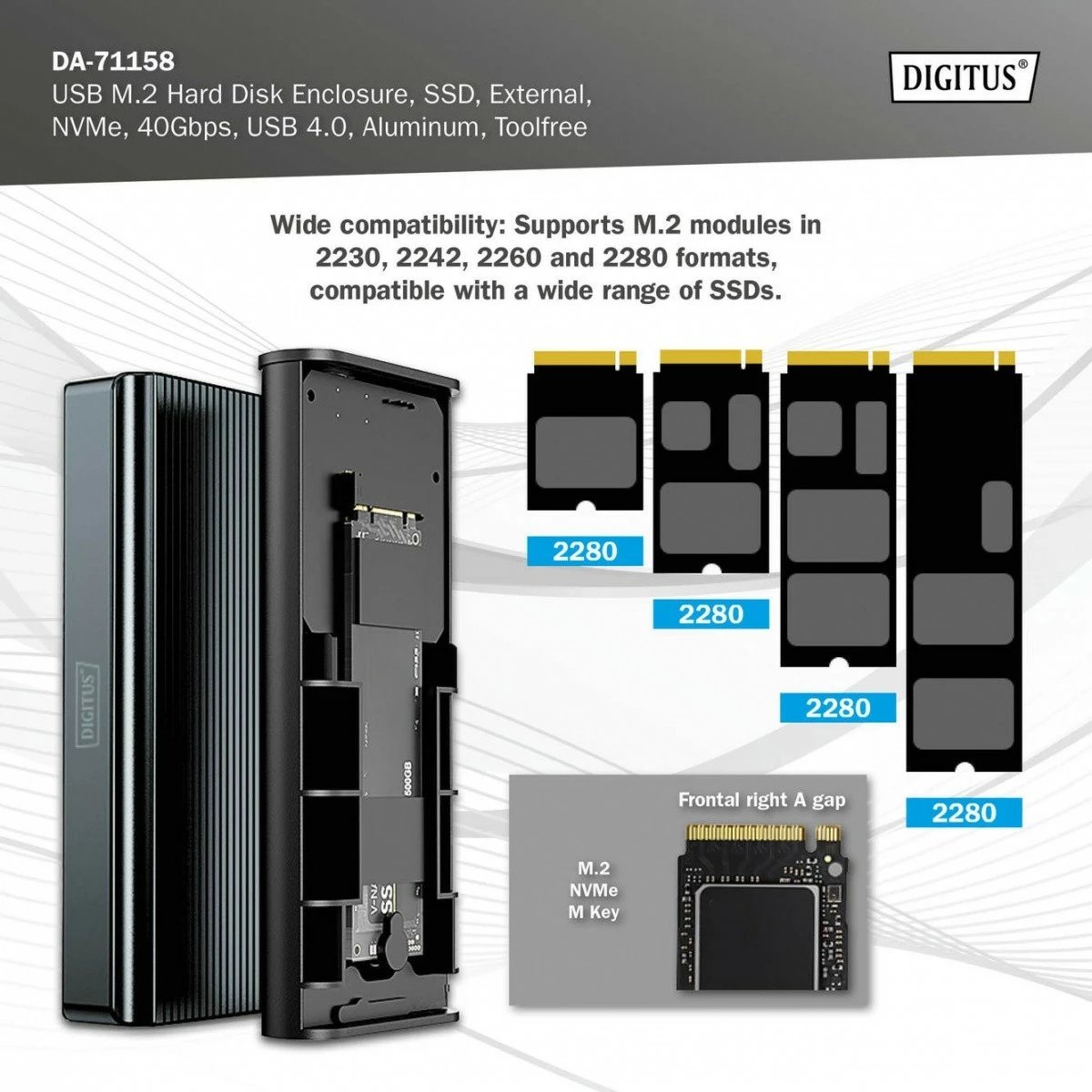 Kasë Digitus DA-71158 për SSD M.2 NVMe, USB 4.0 Type-C, Alumini, Gri
