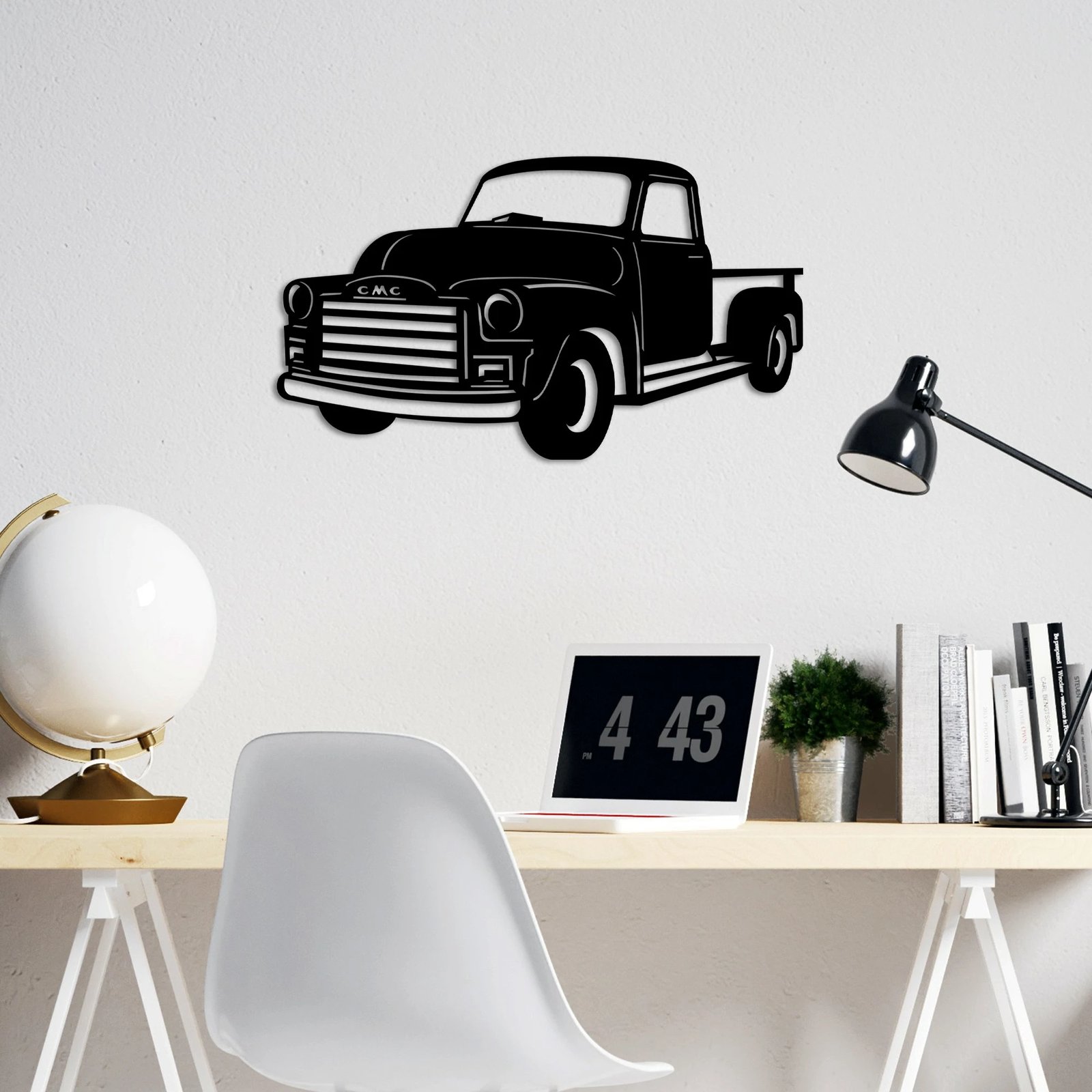 Aksesor dekorativ metalik për mur, kamion GMC 3100, ngjyrë e zezë, 60x35cm