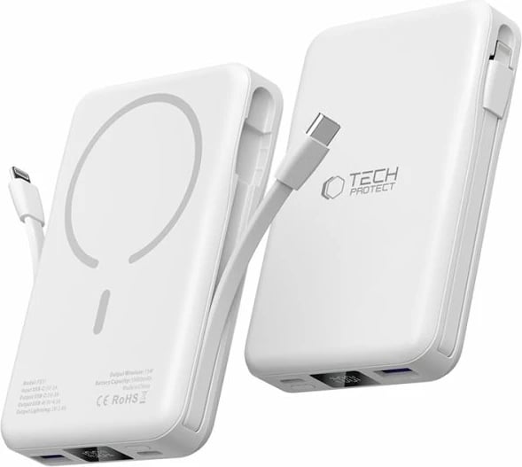 Power bank Tech-Protect LifeMag PB31, 10000mAh, MagSafe, USB-C/USB-A/Lightning, Bardhë