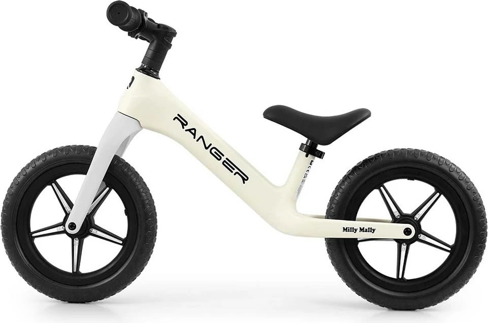 Bicikletë balancuese fëmijësh, Milly Mally Ranger Flash, rrota 12" EVA pa fryrje, kornizë kompozite e lehtë, sedile e rregullueshme, e bardhë