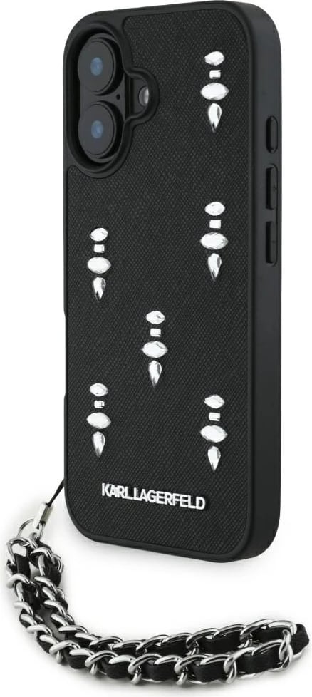 Mbështjellës Karl Lagerfeld Saffiano Crystals me zinxhir për iPhone 16, i zi