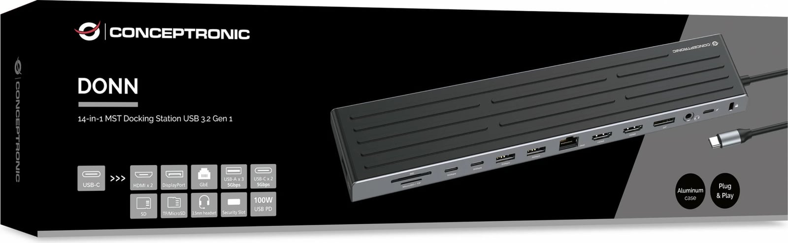 Dock Conceptronic 14-1 USB-C, 2xHDMI, DP, 2xUSB-C, 18cm, zi