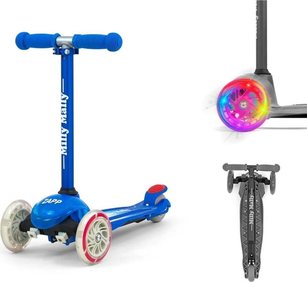 Skuter, Milly Mally Zapp, 3 rrota, timon i rregullueshëm 61–66 cm, drita në rrotat e përparme, deri 50 kg, deep blue