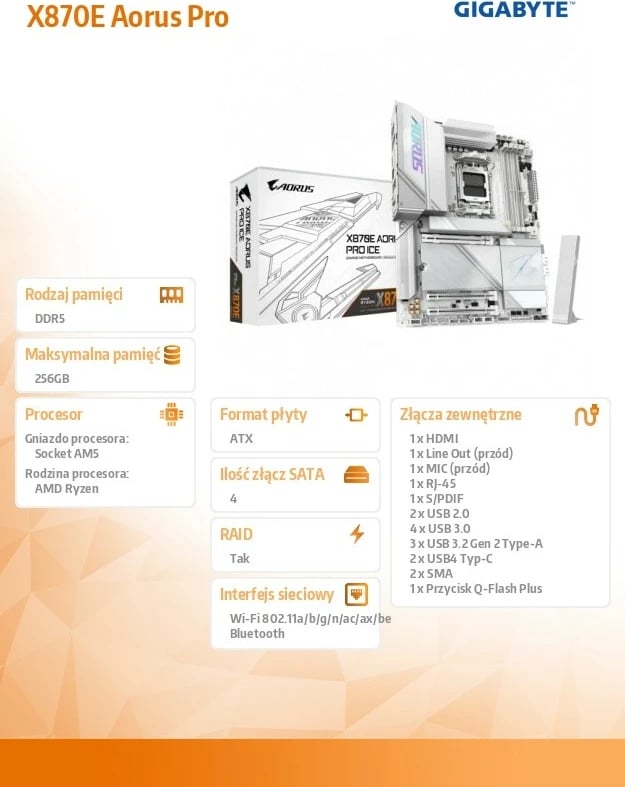Pllakë amë, Gigabyte AORUS X870E AORUS PRO ICE, AM5 4x DDR5 ATX USB4/HDMI PCIe 5.0 Wi‑Fi 7, e bardhë