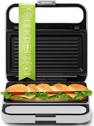 Sandwich maker 2-në-1, Adler AD 3070, pllaka të ndërroshme toast + grill, 850W (1100W max), i bardhë