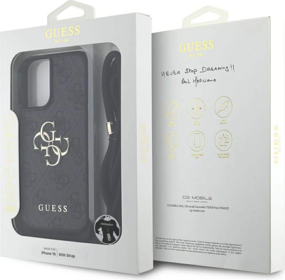 Mbështjellës Guess 4G Big Logo Cord Stap Crossbody për iPhone 16, i zi