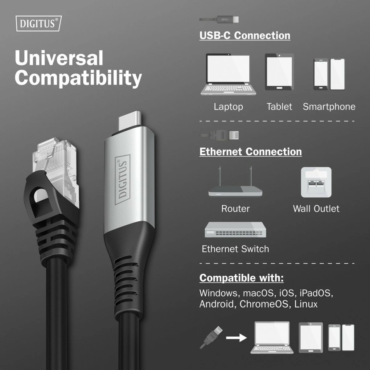 Adapter LAN Digitus AK-300601-020-S, USB-C në RJ45, 1 Gbit/s, 2m, Zi