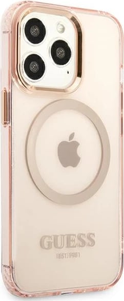 Mbështjellës Guess Gold Outline Translucent MagSafe për iPhone 13 Pro Max, rozë