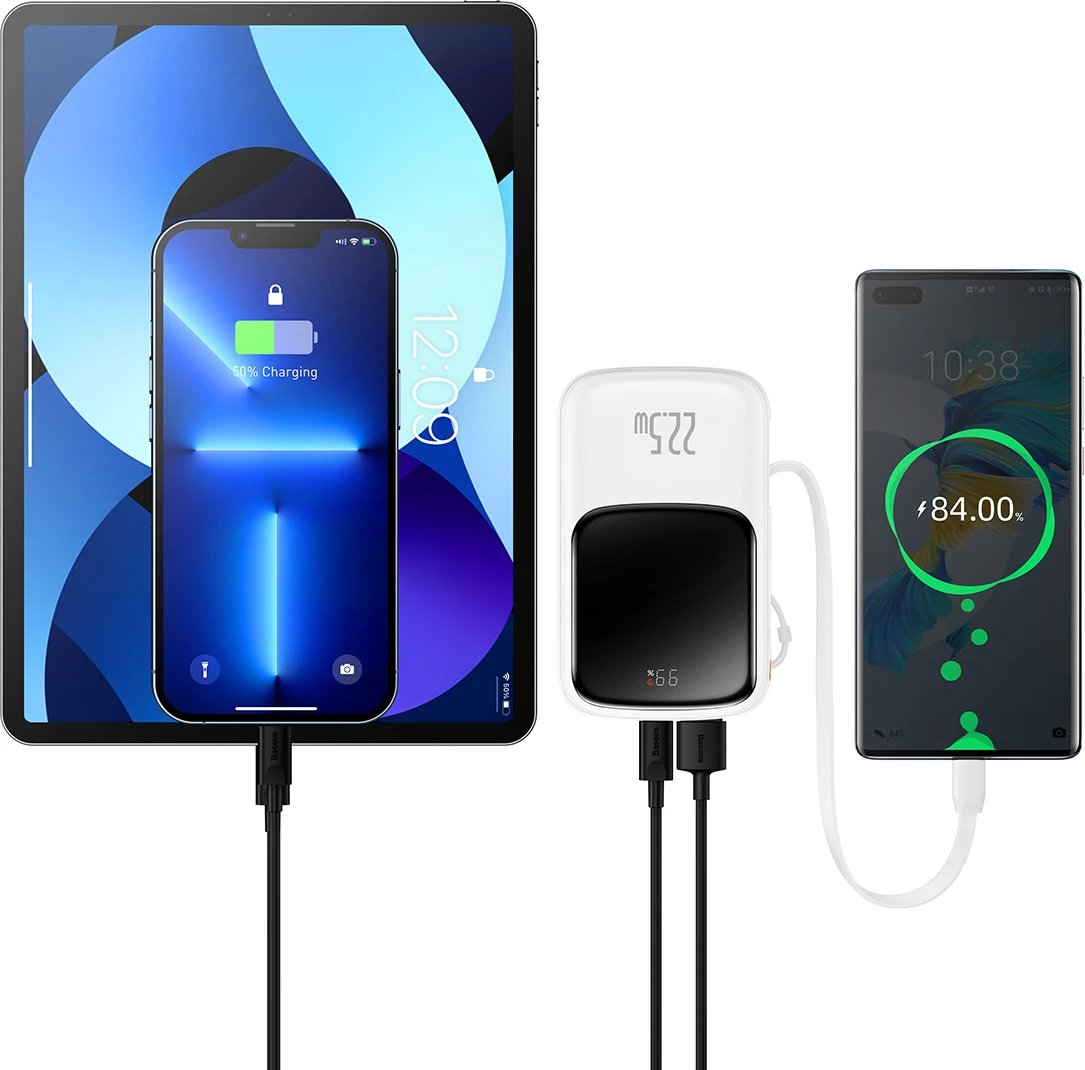 Powerbank Baseus Qpow 10000mAh me kabllo USB Type-C të integruar, 22.5W, Bardhë