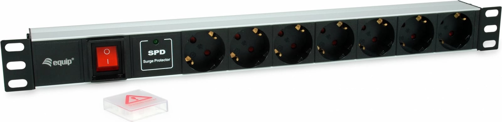 PDU Equip 7 dalje, 1U, alumini, me mbrojtje nga mbingarkesa, 1.8m, zi/argjendtë