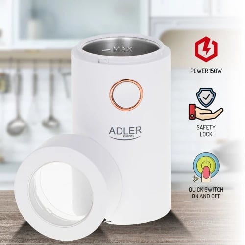 Bluarëse kafeje, Adler, AD 4446, 150 W, 75 g, enë metalike, kapak transparent, bllokim sigurie, e bardhë me ari Bluarëse kafeje, Adler, AD 4446, 150 W, 75 g, enë metalike, kapak transparent, bllokim sigurie, e bardhë me ari