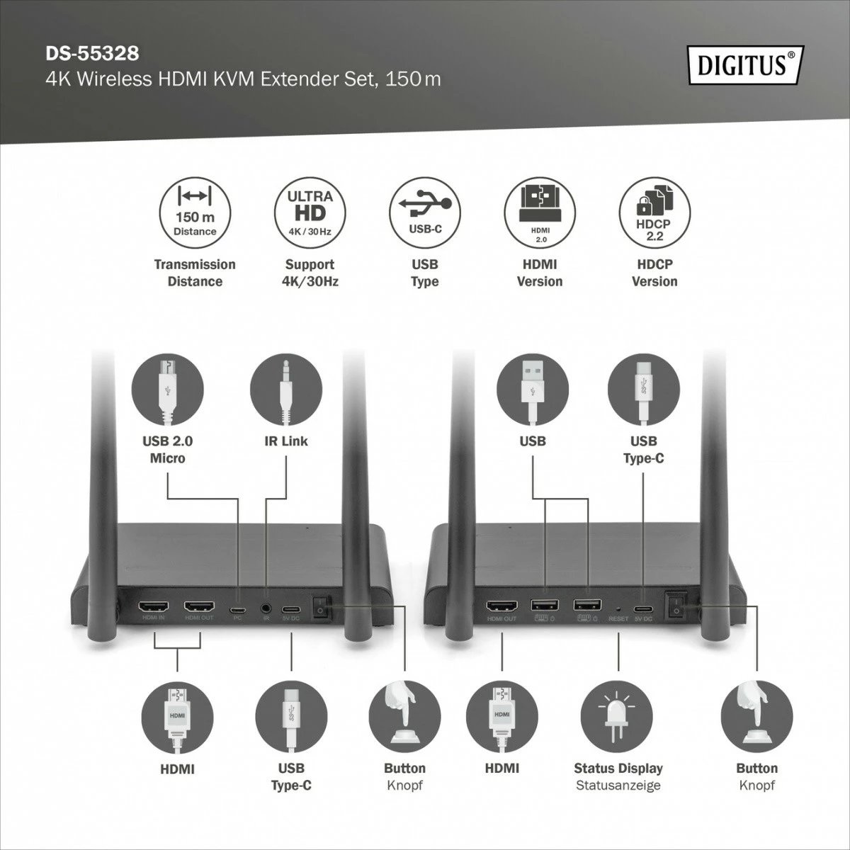 Set wireless HDMI+USB KVM Digitus DS-55328, 150m, UHD 4K60Hz, i zi