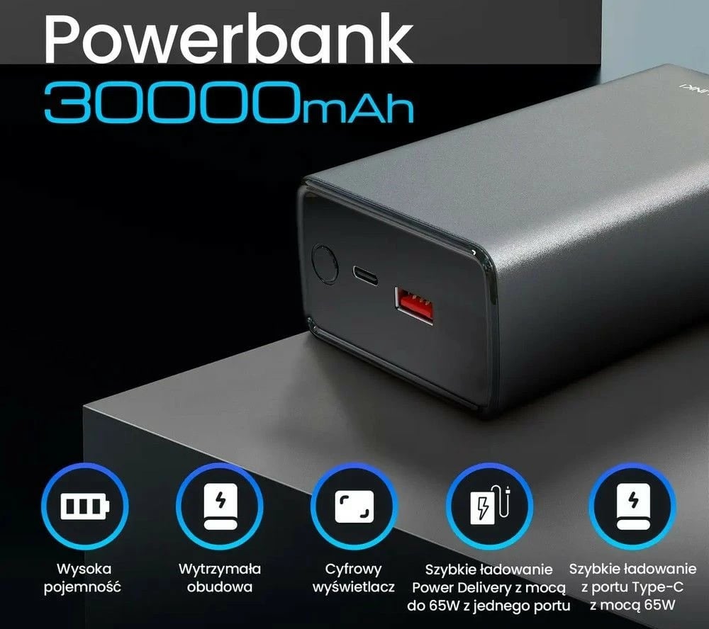 Powerbank Extralink EPB-127, 30000 mAh, 65W, USB Type-C, Zi/Gri