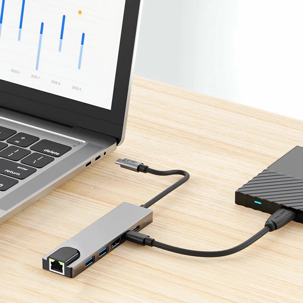 Adapter HUB Tech-Protect HB02 6in1, USB-C, USB 2.0, USB 3.0, HDMI 4K, RJ45, PD 100W, Gri