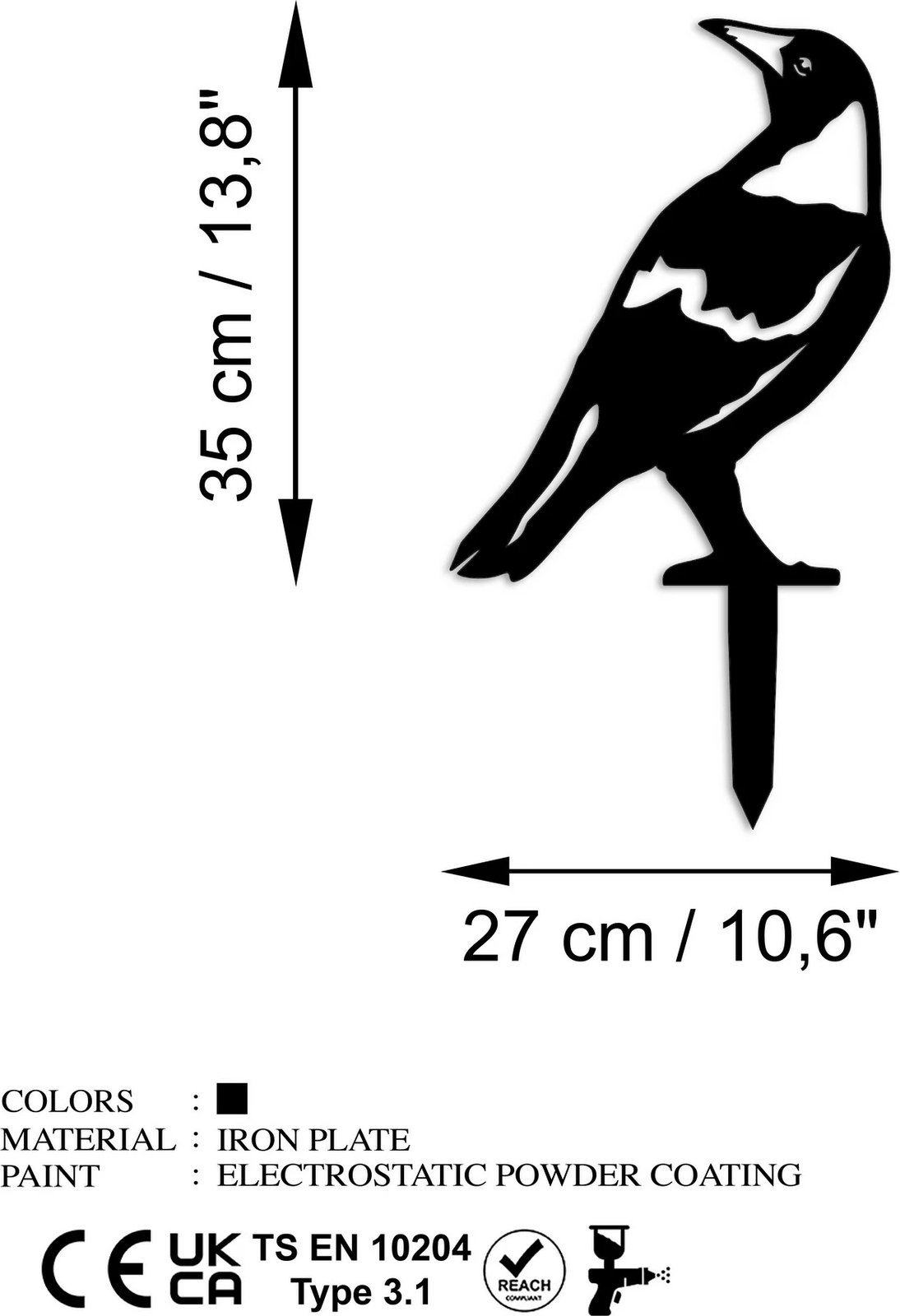 Objekt dekorativ për kopsht, dizajn Aberto, Zogu 01, ngjyrë e zezë, 50x27cm