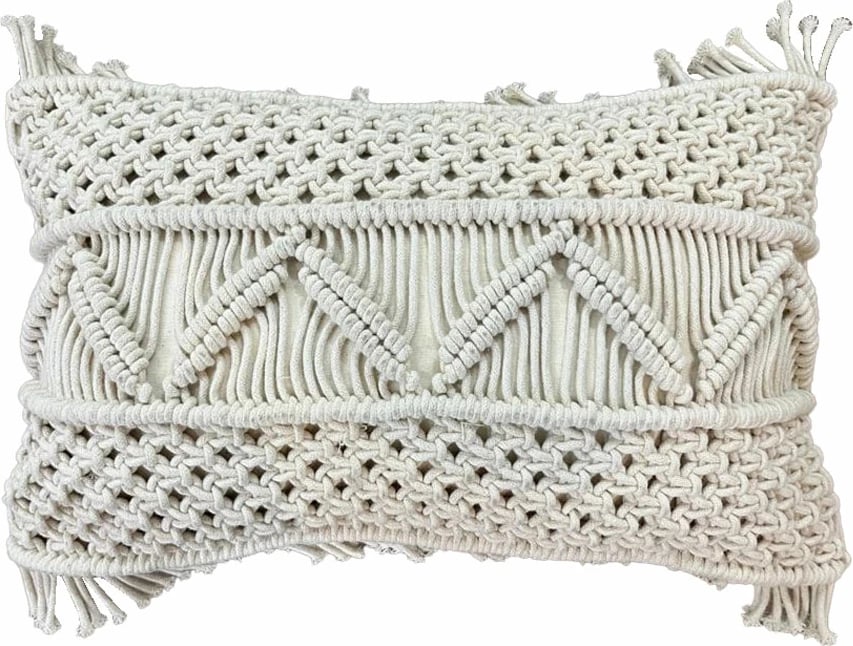 Jastëk dekorativ Kaia, makrame, pambuk-poliester, ngjyrë fildishi, 30x50cm