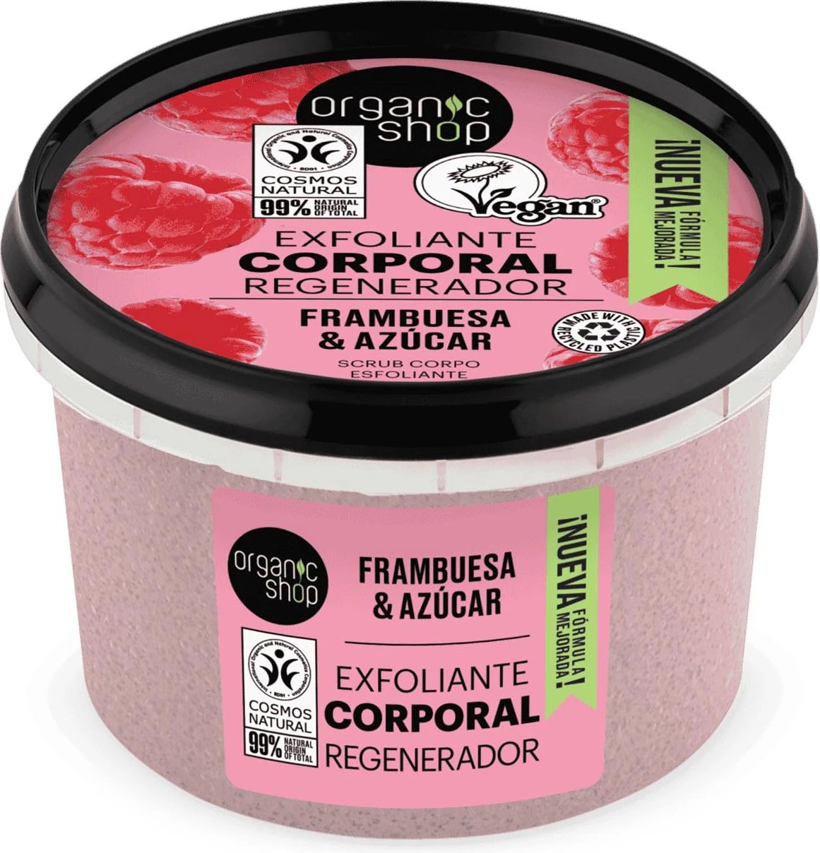 Eksfoliant trupi Organic Shop Frambuesa & Sheqer 250ml unisex rozë