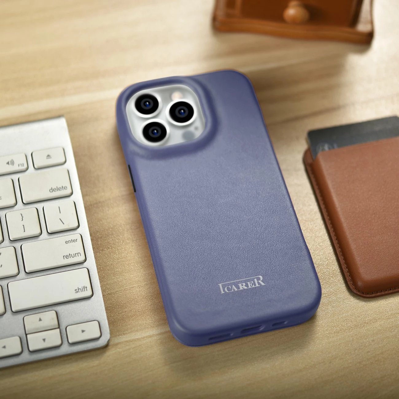 Mbështjellës iCarer CE Premium lëkure për iPhone 14 Pro Max, MagSafe, Vjollcë e lehtë