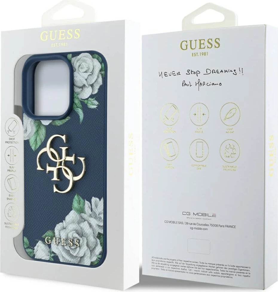 Mbështjellës Guess Grained Roses Big 4G logo për iPhone 16 Pro Max, Kaltër