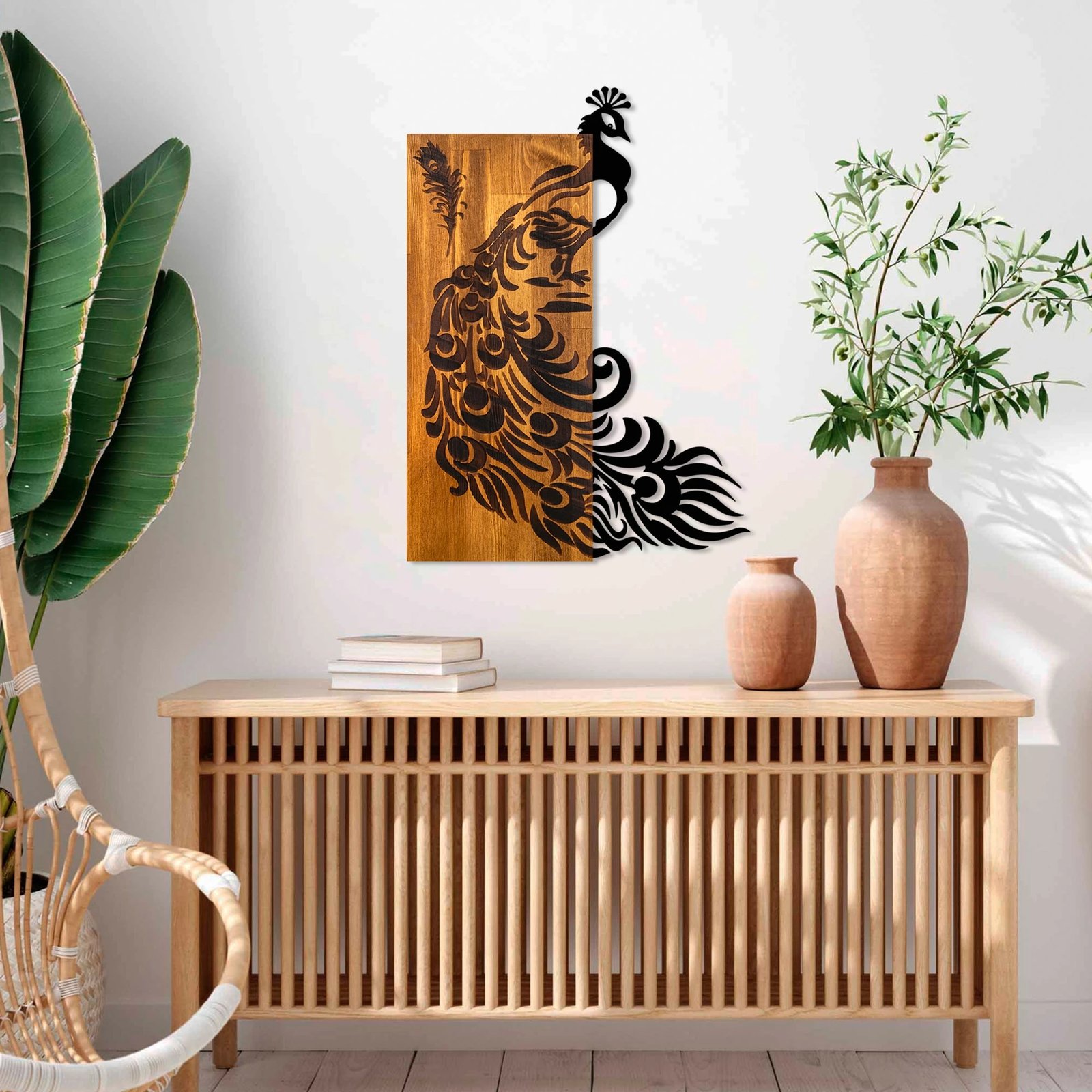 Aksesor dekorativ prej druri për mur, Wallity, pallua, ngjyrë arre dhe e zezë