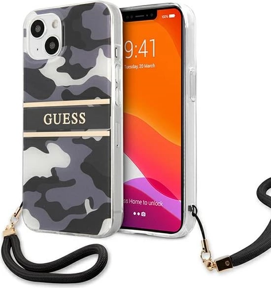 Mbështjellës Guess GUHCP13SKCABBK për iPhone 13 mini 5.4", hardcase, Camo Strap Collection, i zi