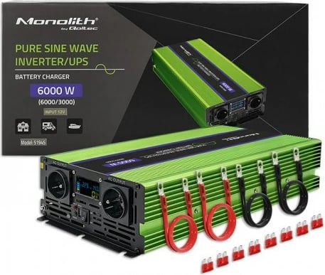 Invertor fuqie Qoltec Monolith 6000 W, 12 V në 230 V, Gjelbër
