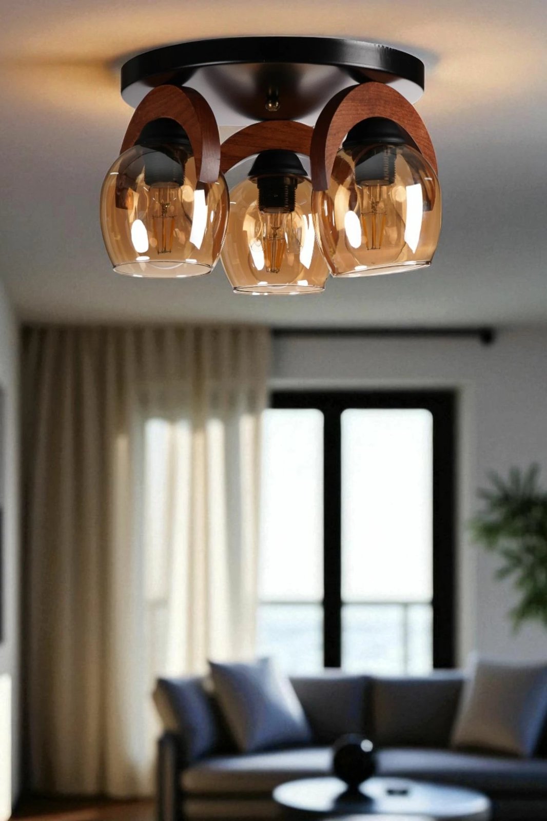 Llambë tavani Opviq, metal dhe dru, 3 drita, ngjyrë mjaltë, arre, e zezë, 9003-3