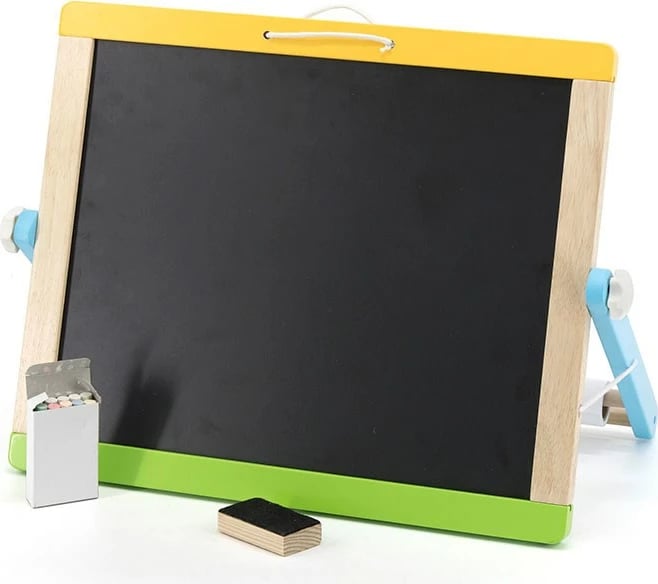 Tabelë magnetike druri, Viga, me dy anë (tabelë e bardhë + shkumës), set me 26 shkronja, 10 numra, 29 forma, me rul letre, multingjyrës