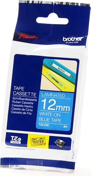 Kasetë etiketimi Brother TZe-535 12mm, 8m, e bardhë në kaltër