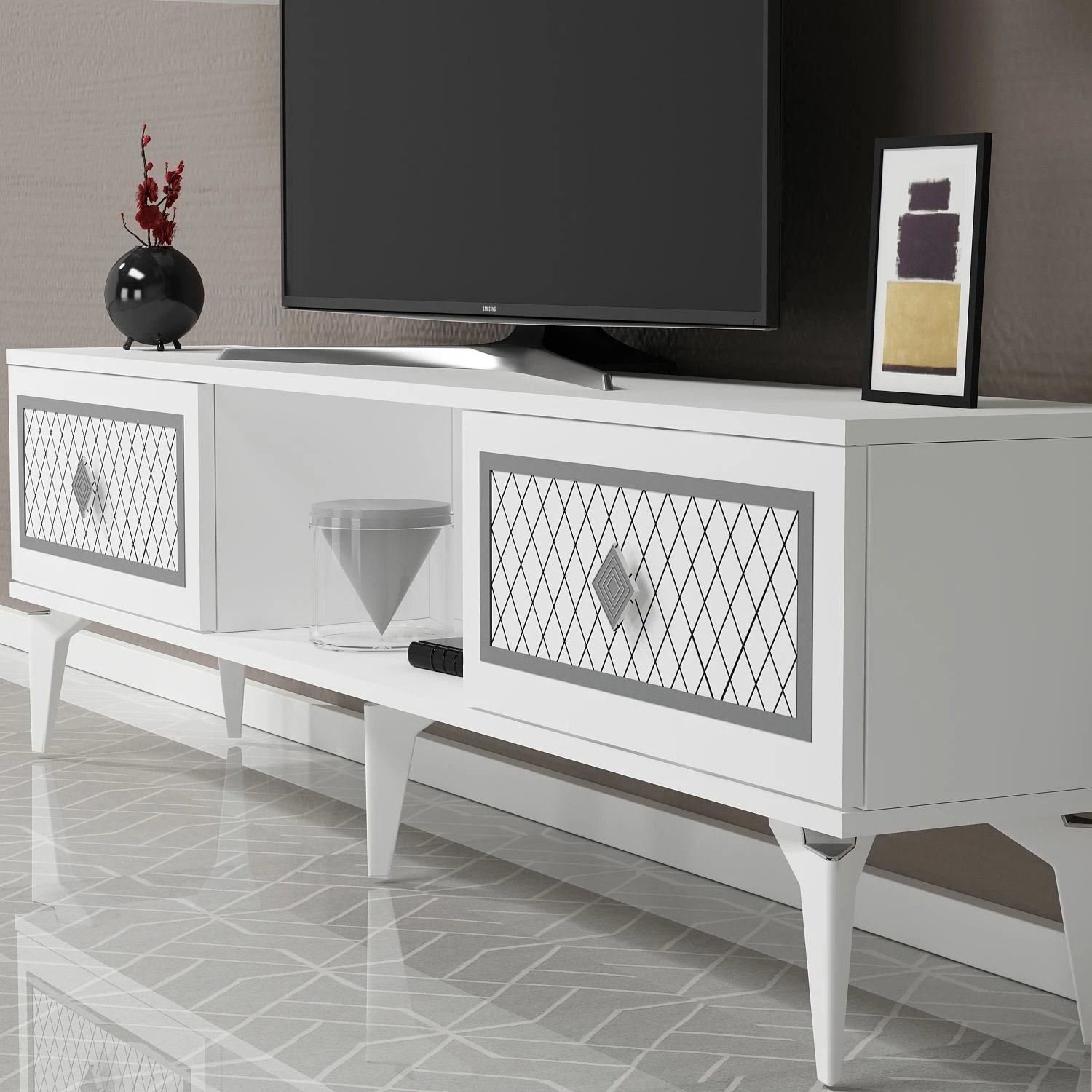 Komodë TV Skye Decor, e bardhë, argjend